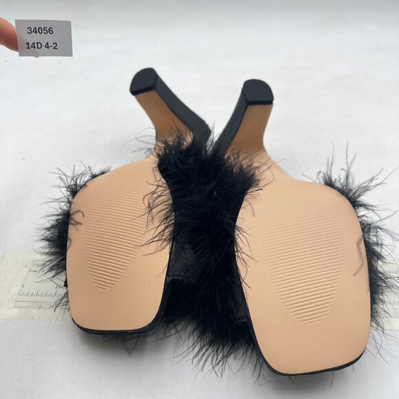 XYD Black Block Heel Mules Faux-fur Open Square Toe High Heel Slides Sandals - Picture 7 of 8